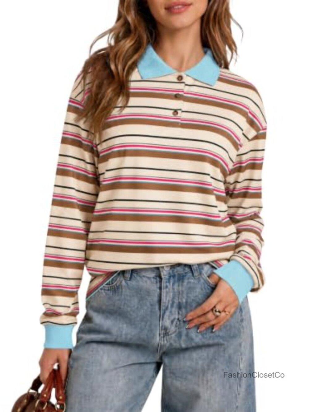 Womens Striped Long Sleeve Polo Shirts Casual Oversized Tops